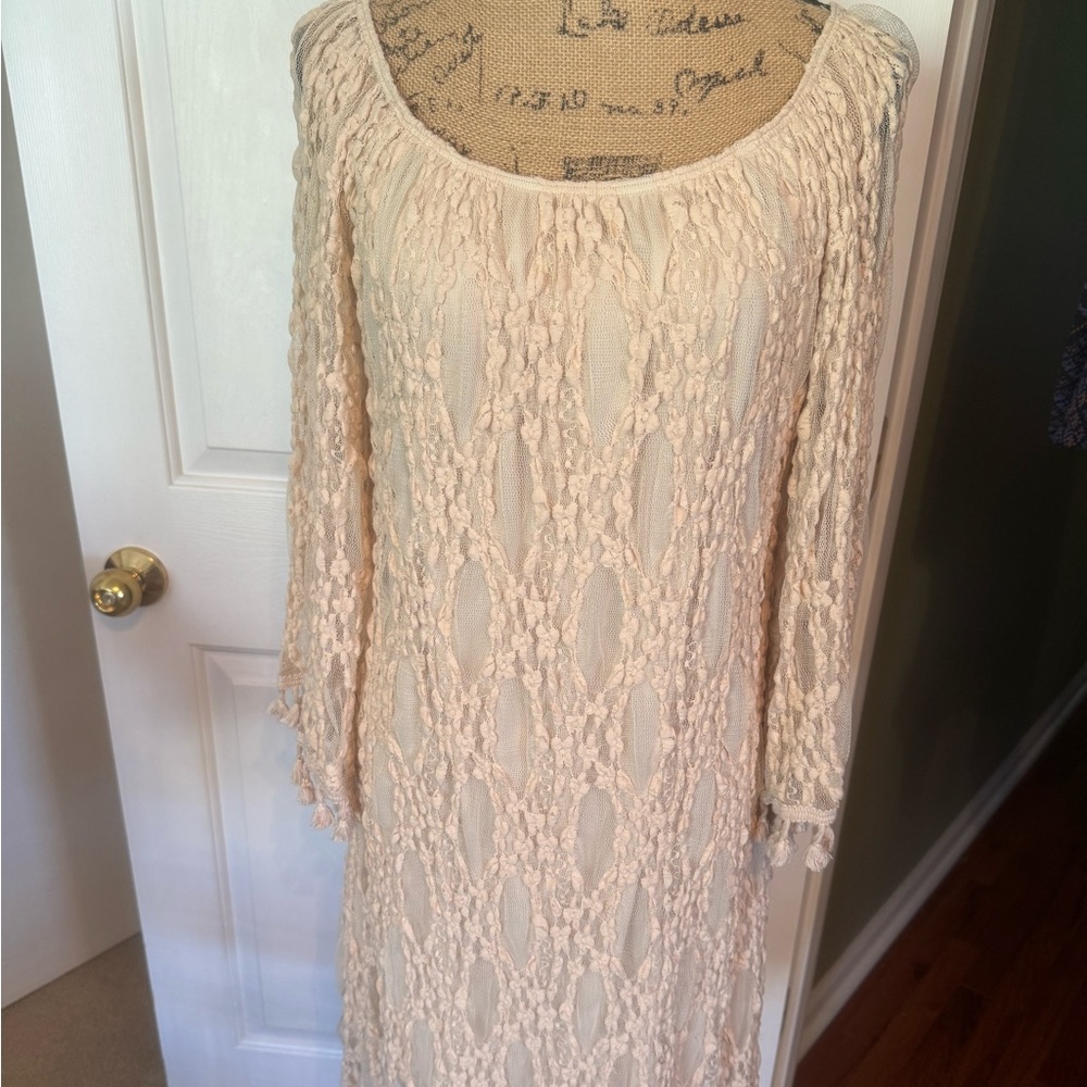 Beautiful Beige Lace Dress with Bell Sleeves & Tassels!